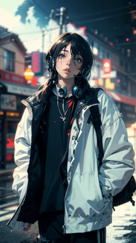 Sci-fi, RTX, Unreal, unity 8k,anime art, solo girl, young woman,perfect face,wide lips, side Bangs, Bob hair, short black hair, closed clothes, oversized clothes:1.2, long jeager pants, white clothes, oversized Sleeve, short Sleeve, distro, natural lightin...