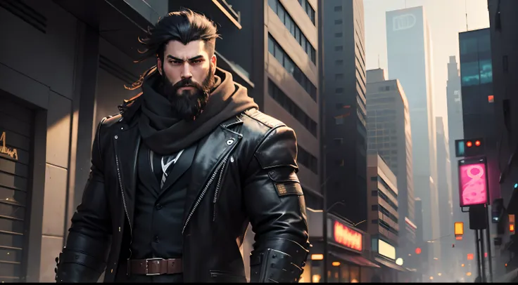 man, black hair, big strong, beard, black clothes, scarf in the face, in a cyberpunk city, looking at the camera, full body