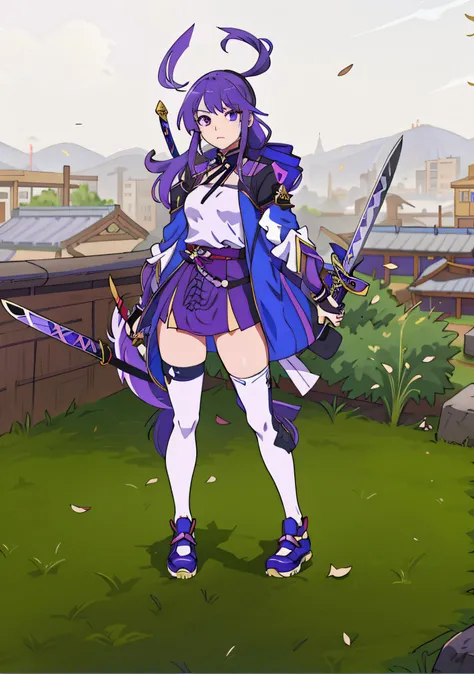 Anime girl wearing purple hair and purple shoes and holding two swords, katana zero video game character, ayaka genshin impact, anime style like fate/stay night, ayaka game genshin impact, Anime fencer, jrpg character, Artoria Pendragon, Female Action Anim...