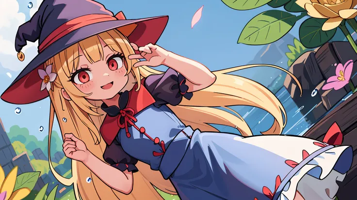 1girl in,Witch,Long hair, Blonde hair, Witch Hat,Red Eyes,Puffy sleeves,Dress, Short sleeves,Smile、Water droplets on the cheeks、pretty pose、up of face、Eye Up、Flowing iridescent silk、There are flowers even in front of you、flower petals、season!!: 夏天☀ 🍂