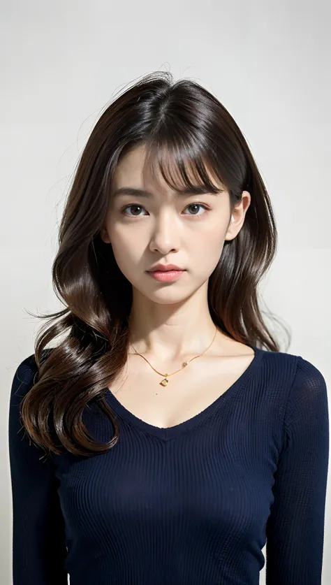 (top-quality、8K、32K、​masterpiece、nffsw:1.2)、Photo of a cute Japanese woman、small tits、tiny chest、Light brown hair、Middle hair、light brown hair、gradation hair、Curly hair、The upper part of the body、sface focus、Navy Blue V-Neck Knit、a necklace、simple backgrou...