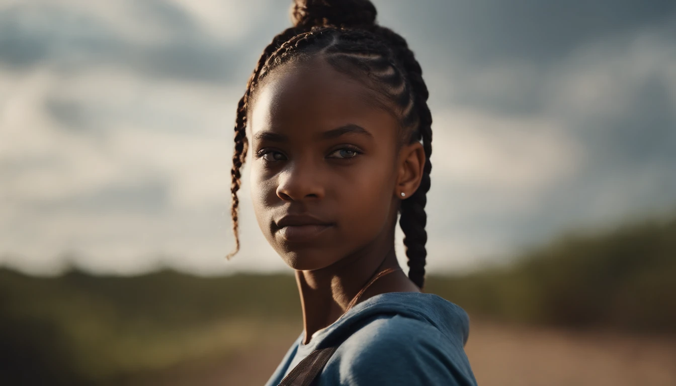 young black girl with side braided hair, blue eyes, small shorts and a t-shirt tied to the side