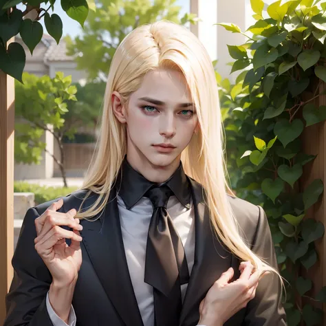 (Blonde hair),(white skin with a bit flush),(long lashes),(pretty eyes),(green eyes),(handsome),(cool),(hot),(poker face),(wear formal black suit), (upper body),(has dimples),(jawline),(vine hands),(facing in the front)