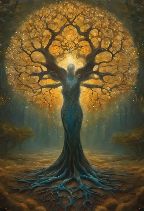 Beautiful symmetrical full body photo painted in oil with thick brushstrokes and wet paint, Fibonacci, golden ratio, melted wax, visible brushstrokes, surrounded by crystal spheres, 3D tessellation wireframe, neural graphic, neurons, tree of life, color, l...