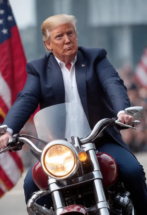 donald trump on a motor cycle with american flag cape and machine gun