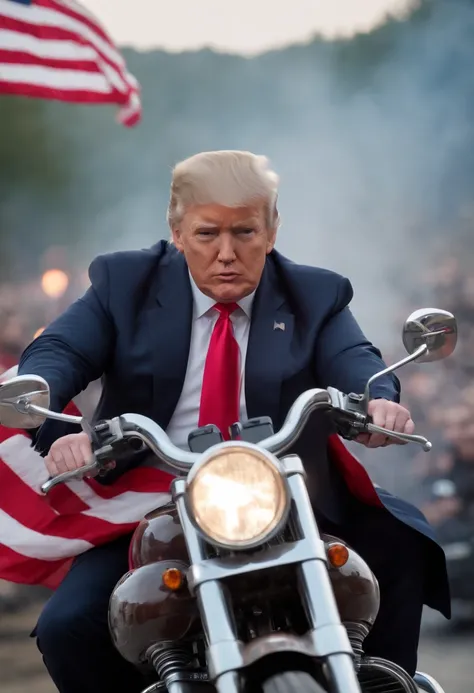 donald trump on a motor cycle with american flag cape and machine gun