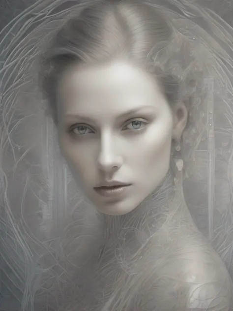 a portrait of a woman in silverpoint style, cyber surrealism, elegant, ethereal, highly detailed