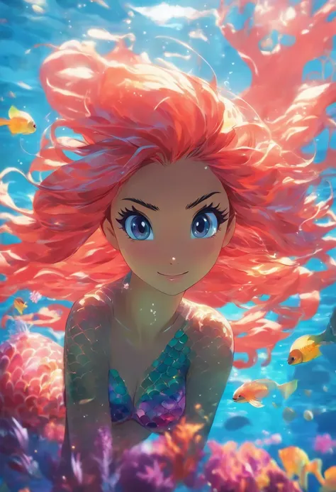 Beautiful and detailed underwater scenes from mermaid themed anime，With bright colors and complex aquatic life，Inspired by Hideaki Anno and Stanley Artgerm Lau。