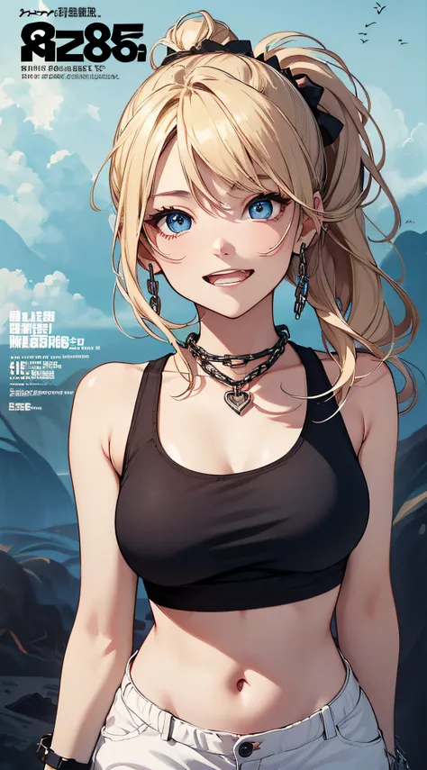 top-quality、Top image quality、​masterpiece、girl with((18year old、tatteredclothing、Black Navel Tank Top、White pants、Best Bust、Bust 85、a blond、disheveled ponytail、Blue eyes、open chest wide、Happiness、Chain Accessories、Black wristband on wrist、Leaning forward,...