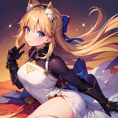 masterpiece, best quality, ultra-detailed, kawaii, cute, lovely, anime style, winter, Saber, Fate, warrior, beautiful blond hair, beautiful blue eyes, beautiful eyes, fingered gloves, cool