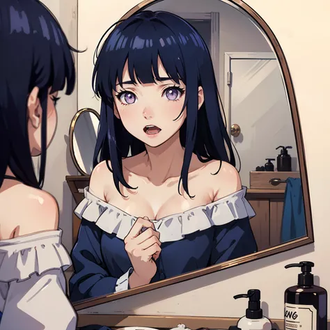 masterpiece,best quality,dream, highly detailed illustration, cute,1 girl, close-up, sharp tooth,open mouth, bold outline, hand,messy hair, in the bathroom,mirror, messy hair,off-shoulder, Blunt Bangs, purple eyes, dark blue hair