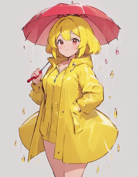 can you draw a milf in a pvc yellow rain coat and red umbrella drawn by sowsow, the milf has large breasts and is about 50 years of age,