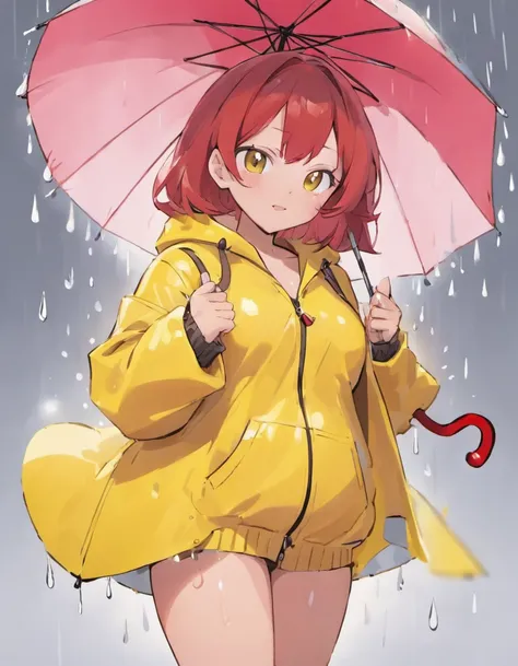 can you draw a milf in a pvc yellow rain coat and red umbrella drawn by sowsow, the milf has large breasts and is about 50 years of age,