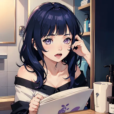 masterpiece,best quality,dream, highly detailed illustration, cute,1 girl, close-up, sharp tooth,open mouth, bold outline, hand,messy hair, in the bathroom,mirror, messy hair,off-shoulder, Blunt Bangs, purple eyes, dark blue hair