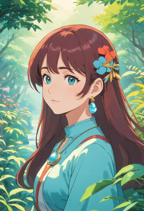 Girl in an anime collar, Long necklaces and earrings, In the style of a tranquil garden landscape, colorful animation stills, Masami Teraoka, aquamarine, paul gauguin, Embry style, Honest portrayal