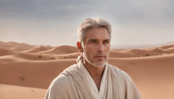 Hooded man standing in desert with heaven in the background, portrait of bedouin d&D, Still from the live-action movie, supervision: by Etienne Delessert, IMAX photography, james gurney and andreas rocha, 2020 Dune Movie, medium shot of two characters, Dan...