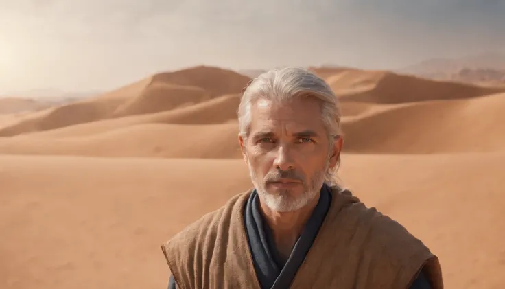 Hooded man standing in desert with heaven in the background, portrait of bedouin d&D, Still from the live-action movie, supervision: by Etienne Delessert, IMAX photography, james gurney and andreas rocha, 2020 Dune Movie, medium shot of two characters, Dan...