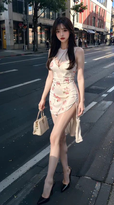 Heavy makeup，Stiletto pointed toe heels，Transparent colorless flesh silk pantyhose，Long legs，8K，On the street，In the daytime，By bangs，Single ball head，Floral dress