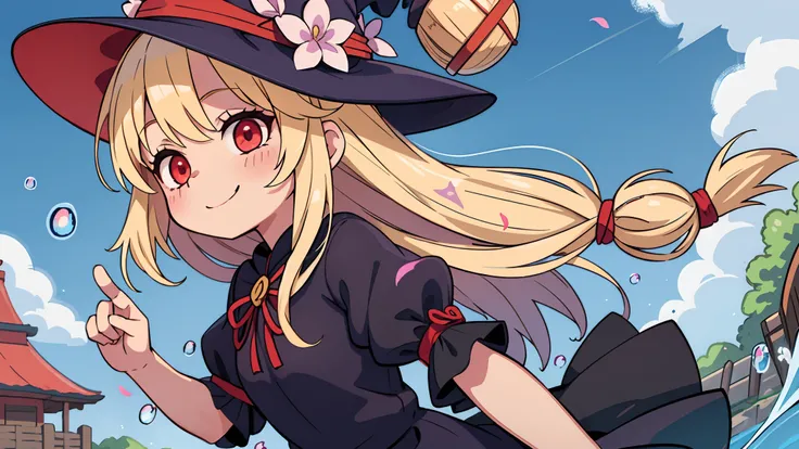 1girl in,Witch,Long hair, Blonde hair, Witch Hat,Red Eyes,Puffy sleeves,Dress, Short sleeves,Smile、Water droplets on the cheeks、pretty pose、up of face、Eye Up、Flowing iridescent silk、There are flowers even in front of you、flower petals、season!!: 夏天☀ 🍂