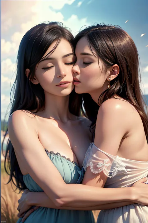 (Best quality,4K,8K,A high resolution,Masterpiece:1.2),Ultra-detailed,(Realistic,Photorealistic,photo-realistic:1.37),Detailed eyes,Detailed lips,Extremely detailed eyes and face,Long eyelashes,2girls,Black hair,tube top,dress,Miniskirt,Skysky,grass field，...