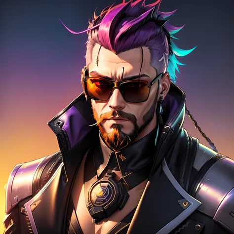 a man with a beard and sunglasses, cyberpunk art, funk art, stunning gradient colors, stylized portrait h 704, pompadour, twitch...