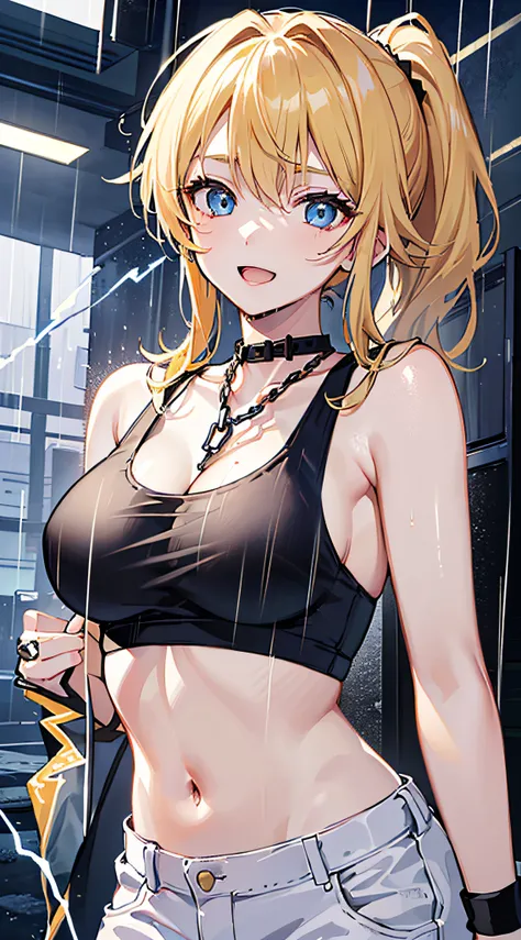 top-quality、Top image quality、​masterpiece、girl with((18year old、tatteredclothing、Black Navel Tank Top、White pants、Best Bust、Bust 85、a blond、disheveled ponytail、Blue eyes、open chest wide、Happiness、Chain Accessories、Black wristband on wrist、Leaning forward,...