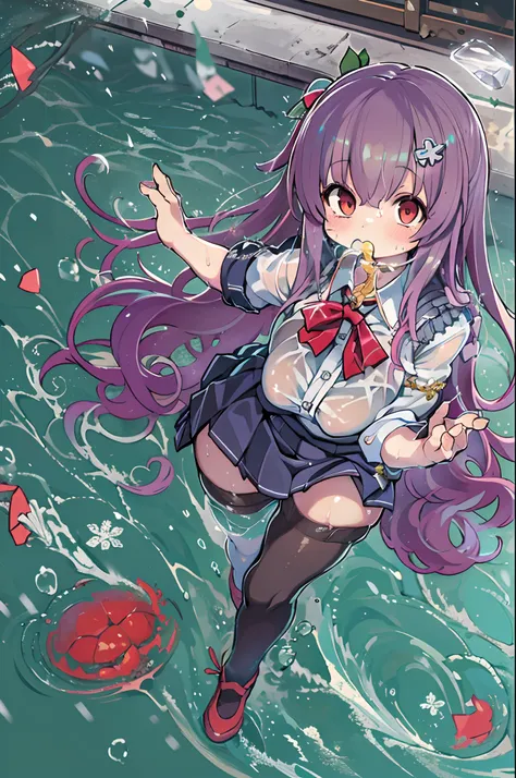 Best Quality, hight resolution, absurderes, Ultra-detailed, Suzuya_(kancolle), 1girl in, long_hair, Skirt, Solo, Shirt, Rain, Wet_Clothes, hair_ornament detached, Wet, Underwear, pleats_Skirt, See-through, bowtie, Red_Bow、bbw、thick thight、big butts、Ultrama...