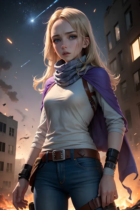 Jodie Comer, pale blue eyes, blonde hair, frightened expression, wearing purple softshell, keffiyeh, bandaged hand, equipment belt with holster, jeans, hand on hip, flaming meteorites falling from sky behind her with ruined buildings and smoke