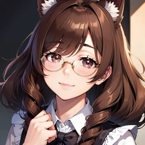 Portrait, maid, dog ears, Brown hair, Curly hair,smile shy, Eyeglasses