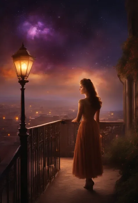 1900s cityscape in turner style , beautiful girl, ( shooting stars:0.9), (nebula:1.3), (warm light source:1.2), (Firefly:1.2), lamp, lot of purple and orange, intricate details, volumetric lighting BREAK (masterpiece:1.2),victorian painting 4k, ultra-detai...