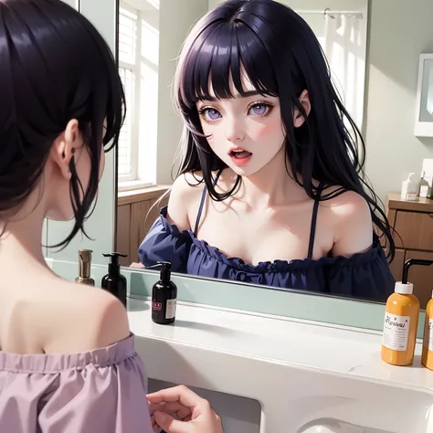 masterpiece,best quality,dream, highly detailed illustration, cute,1 girl, close-up, sharp tooth,open mouth, bold outline, hand,messy hair, in the bathroom,mirror, messy hair,off-shoulder, Blunt Bangs, purple eyes, dark blue hair