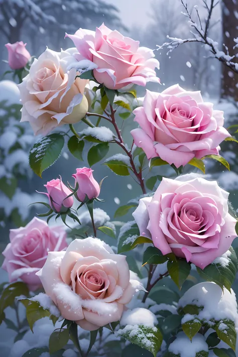 There are many pink roses covered in snow, Cheng Jiasuis realistic painting, Tumblr, romanticism lain, Really beautiful nature, Beautiful nature, with frozen flowers around her, very beautiful photograph of, Beautiful and aesthetic, beautiful flowers growi...