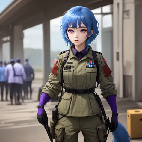 blue  hair，horse tailed，army suit，Purple pupils