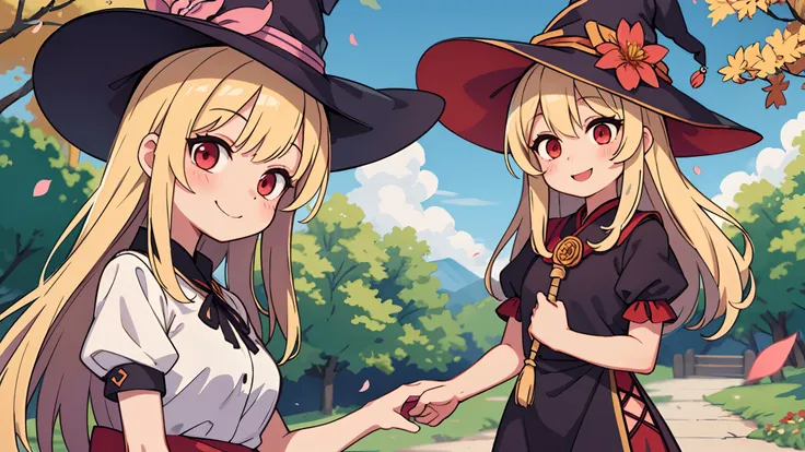 1girl in,Witch,Long hair, Blonde hair, Witch Hat,Red Eyes,Puffy sleeves,Dress, Short sleeves,Smile、pretty pose、up of face、Eye Up、Flowing iridescent silk、There are flowers even in front of you、flower petals、season!!: 夏天☀ 🍂