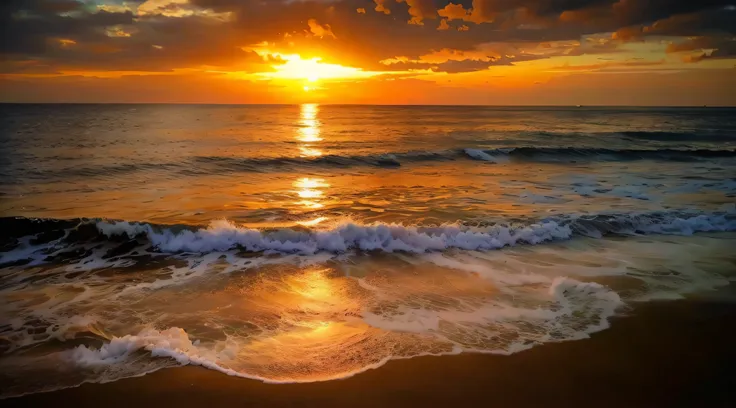 An absolutely mesmerizing sunset over the beach, with a blend of oranges, pinks, and yellows filling the sky. Crystal-clear waters of the sea gently kissing the shore, with sandy white beach stretching far and wide. The scene is dynamic and breathtaking, w...