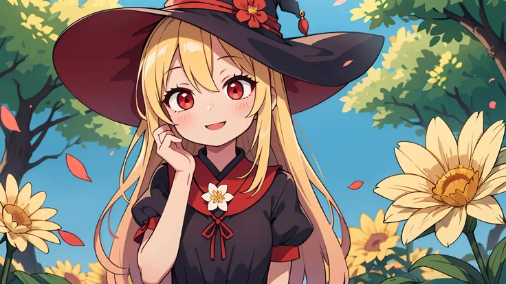 1girl in,Witch,Long hair, Blonde hair, Witch Hat,Red Eyes,Puffy sleeves,Dress, Short sleeves,Smile、pretty pose、up of face、Eye Up、Flowing iridescent silk、There are flowers even in front of you、flower petals、season!!: 夏天☀ 🍂