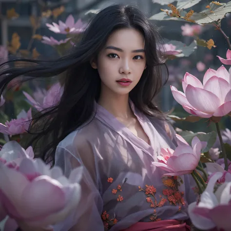 32K（tmasterpiece，k hd，hyper HD，32K）Long flowing black hair，ponds，zydink， a color， Aozhou people （Concubine girl）， （Purple silk scarf）， Combat posture， looking at the ground， long whitr hair， Floating hair， Carp pattern headdress， Chinese long-sleeved cloth...