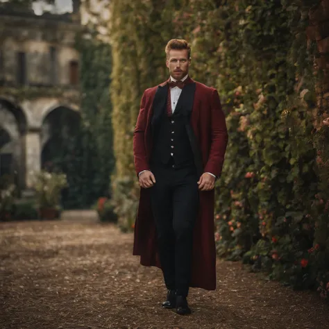 flower4rmor, photo of a Irish man wearing flower bodysuit, fantasy medieval city background, dynamic movement, indoors, red hair, realistic, masterpiece, intricate details, detailed background, depth of field,