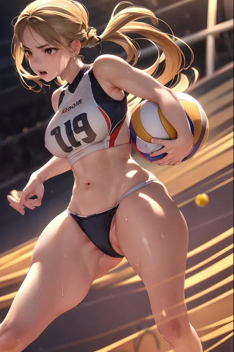 1girl in, (8K, Raw photo, Best Quality:1.2), (Realistic, Photorealsitic:1.37), Solo,Ultra-detailed,volleyball player,jump,Teenage girl, (Detailed beautiful face)small head,Cute face, Large breasts,Narrow waist,nice legs,  (Detailed realistic skin),shiny sk...