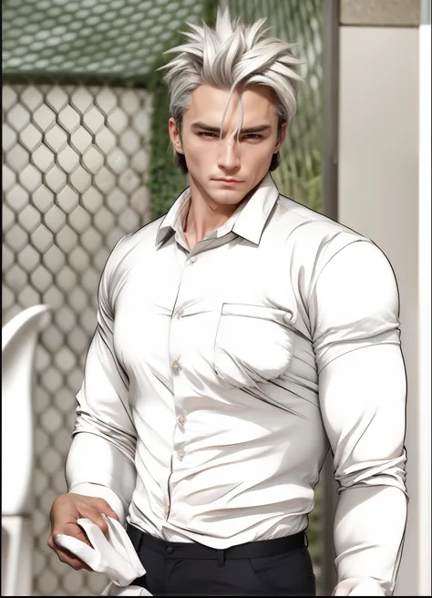 White hair, white shirt, muscular, 1male, realistic, ultra detail