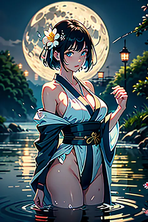 1girl, breasts, moon, lantern, night, solo, large breasts, hair ornament, wet, kimono, japanese clothes, wading, water, hair flower, flower, outdoors, sky, full moon, rain, black hair, off shoulder, mountain, cloud, holding, sash, bare shoulders, paper lan...