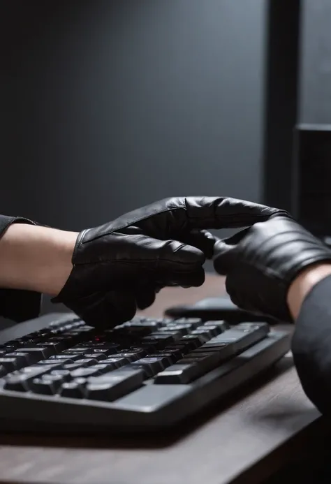 Wearing black leather gloves in both hands, upper body, black business suit, facing the desk in my room with a computer in the dark, tapping the keys of the computer keyboard with the fingertips of black leather gloves while looking at the screen, black ha...