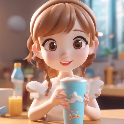 drinking milk, Super Cute Girl IP from Pop Mart, bright eyes, angel, Little white dress, clay, brown shiny hair, Model, Blind Box Toys, Bright and delicate, Clean background, Good brightness, 3d rendering, Top Good Quality