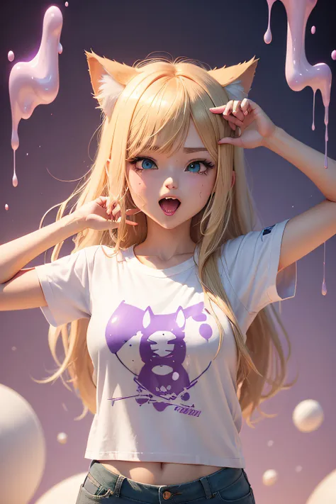 T-shirt design, anime style, blonde girl in pink and purple top with cat ears and long tongue, text "WBCUM.COM", white slime flowing down letters, 3d, 8k