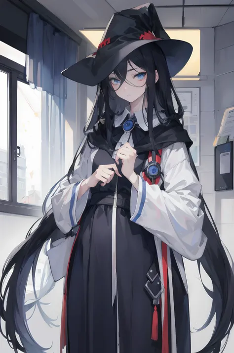 ((masterpiece, best quality, high resolution)), female, plague doctor, doctors office, blue eyes, black hair, long hair, shy face, white clothes