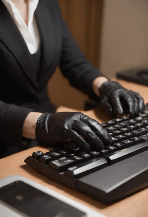 Wearing black leather gloves in both hands, upper body, black business suit, facing the desk in my room with a computer in the dark, tapping the keys of the computer keyboard with the fingertips of black leather gloves while looking at the screen, black ha...