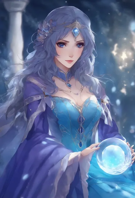 Menina anime com cabelo azul e um top roxo segurando uma bola de cristal, a sorceress casting a ice ball, magia de elenco de bruxa de anime de paquera, feiticeira, /! A Feiticeira, academia bruxa, bruxa brilhante, mago feminino!, feiticeira bonita, menina ...