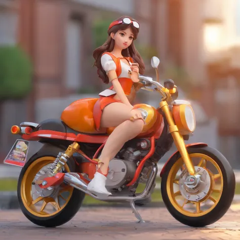 biker, Super Cute Girl IP from Pop Mart, bright eyes, angel, Little white dress, clay, brown shiny hair, Model, Blind Box Toys, Bright and delicate, Clean background, Good brightness, 3d rendering, Top Good Quality