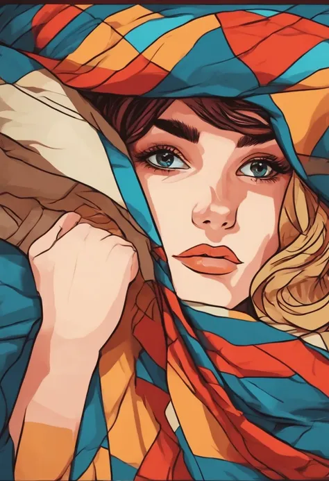 Close-up professional photo of a young woman wrapped in colorful warm quilt, cel shading, bold outlines, Flat colors, Sharp shadows, Graphic style, (manga influence:1.3), clean linework, striking visual effects,comic strip