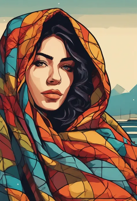 Close-up professional photo of a young woman wrapped in colorful warm quilt, cel shading, bold outlines, Flat colors, Sharp shadows, Graphic style, (manga influence:1.3), clean linework, striking visual effects,comic strip